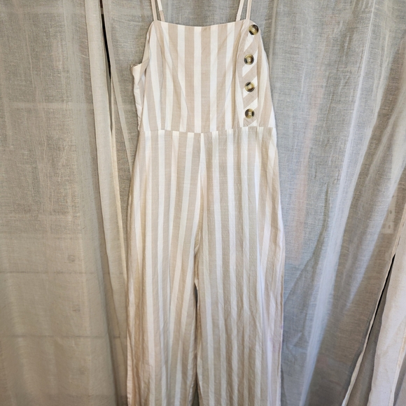 Japna Beige Striped Jumpsuit with Button Accents - Picture 2 of 5